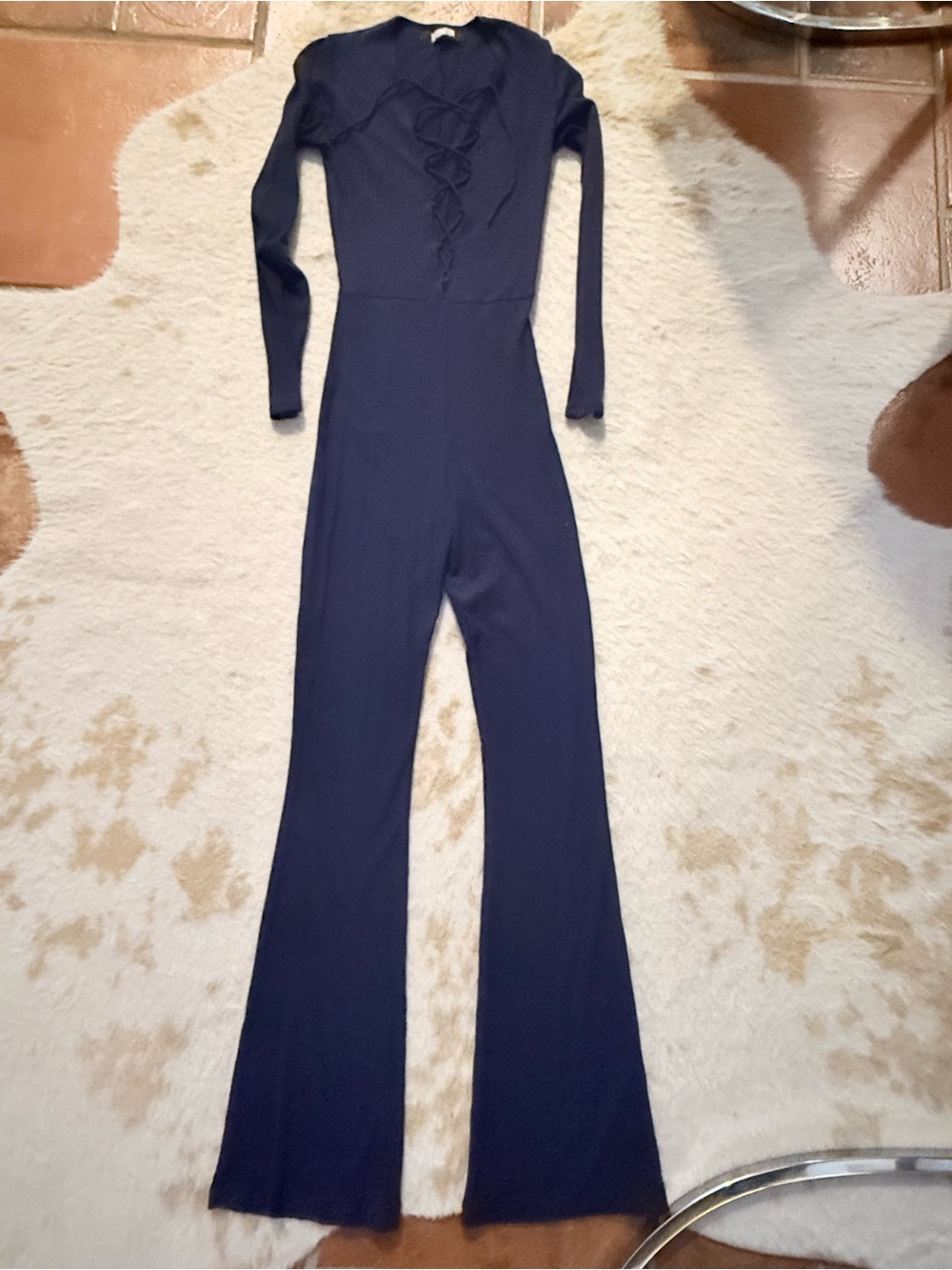 Reformation Navy Long-Sleeve Flared Jumpsuit with Front Twist